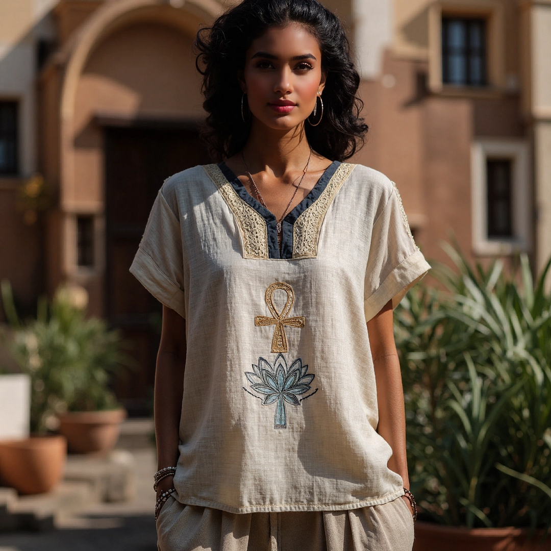 Ancient Egyptian Lotus Embroidered Linen Tunic