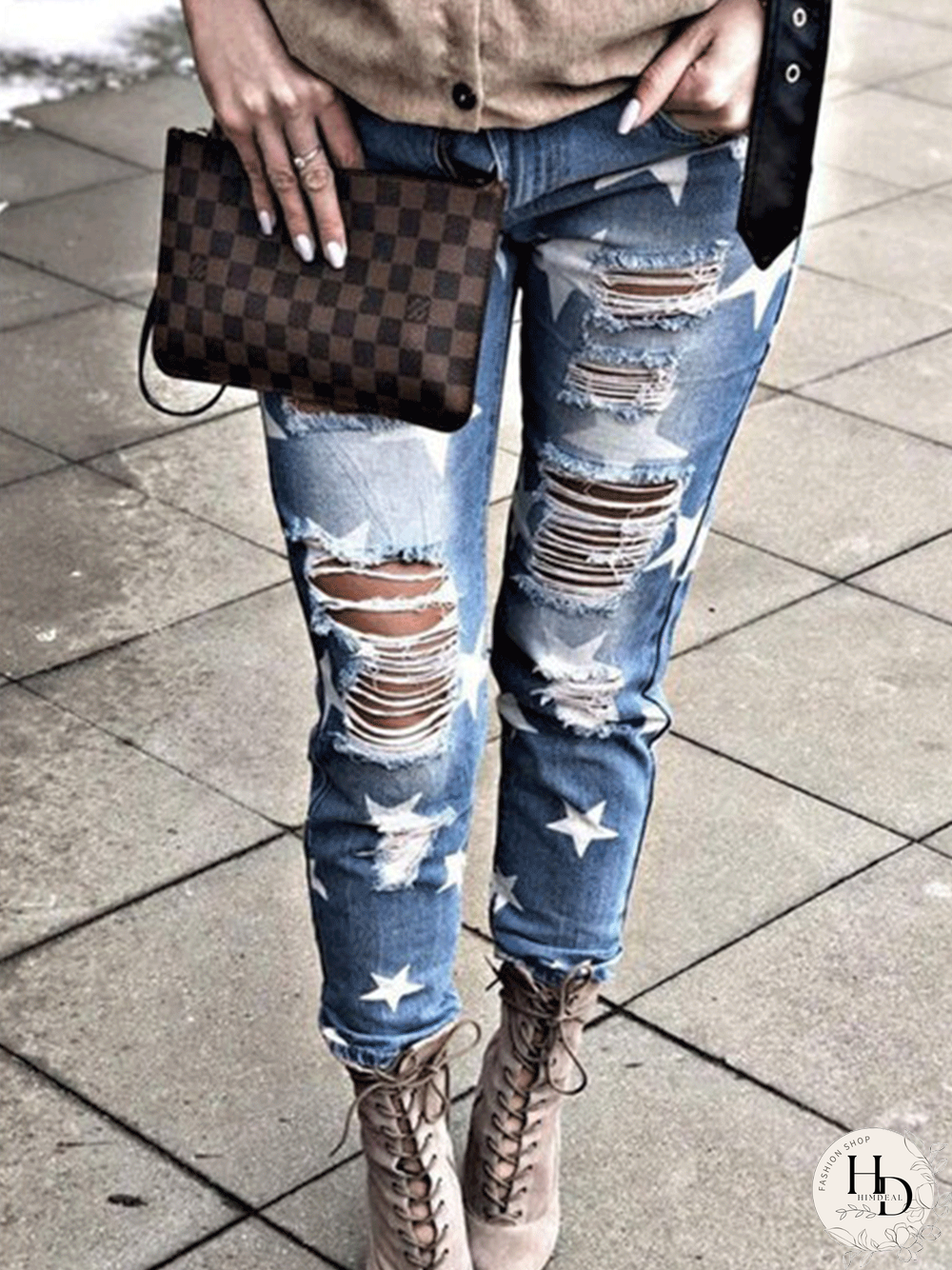 Casual Plus Size Star Ripped Distressed Denim Jeans Jeans