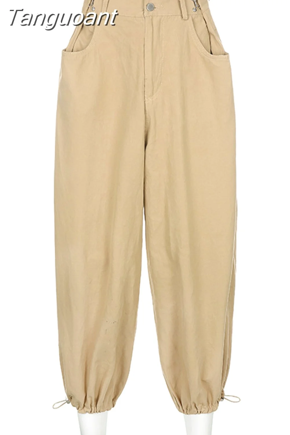 Tanguoant Y2K Fashion Khaki Oversized Cargo Pants Hip Hop Style Loosed Adjustable Waist Drawstring Long Pant Streetwear 90s Autumn