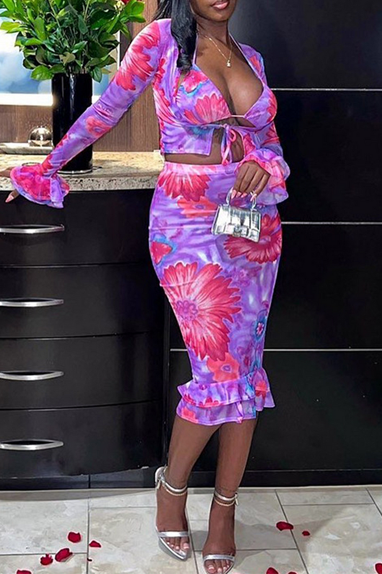 Purple Sexy Print Flounce Cardigan Collar Long Sleeve Two Pieces