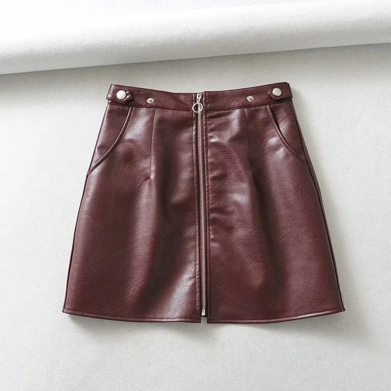 toppies black faux leather mini skirts front zipper high waist skirts Korean style streetwear winter clothes