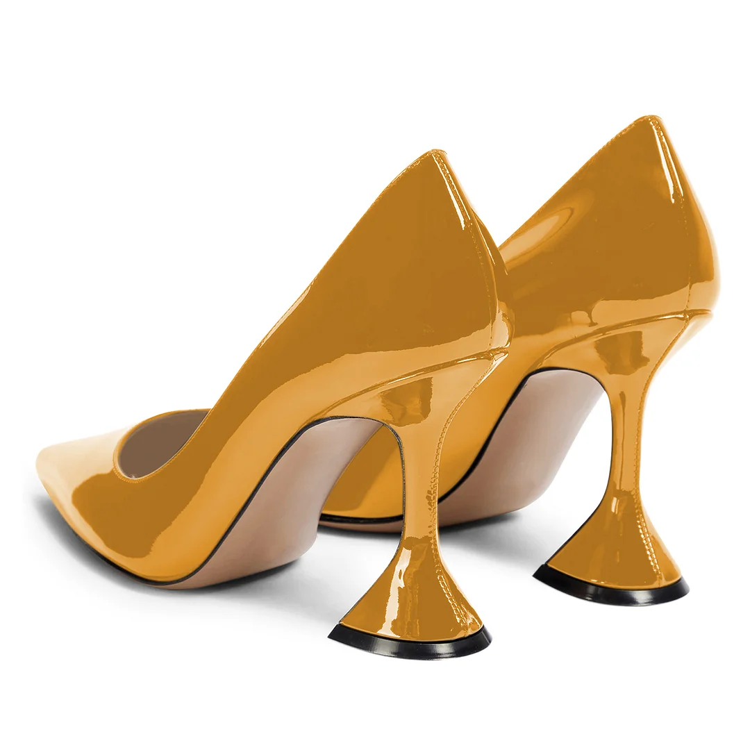 Patent Leather Pointed Toe Flared Heel Sparkling Golden Pumps