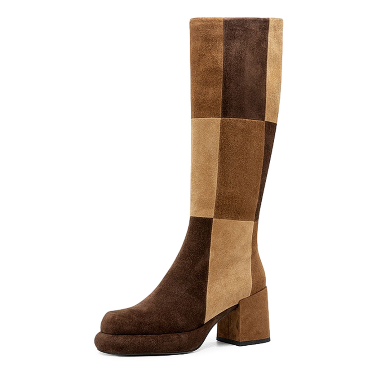 Brown Color Block Patchwork Chunky Heel Platform Zipper Tall Boots Nicepairs