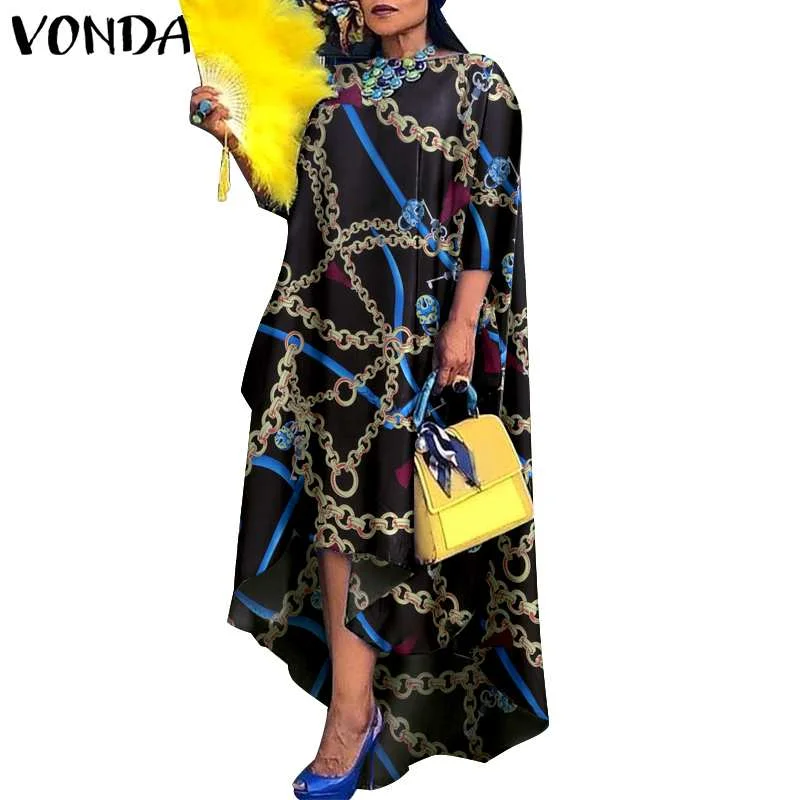 Women Dress 2022 VONDA Vintage Printed Asymmetric Party Long Maxi Dress Femme Robe Beach Sundress Casual Vestido Plus Size Robe