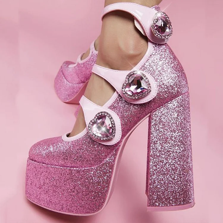 Pink Mary Jane Platform Heels - Glitter Chunky   Round Toe Pumps Vdcoo