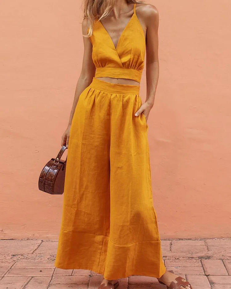 Women's 2Piece Set Fashion Solic Crop Top and Wide Leg Pant