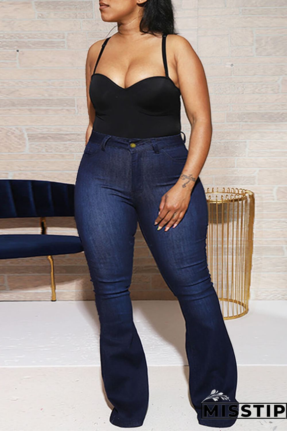 Deep Blue Fashion Casual Solid Basic Plus Size Jeans