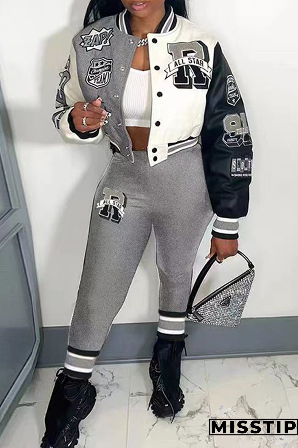 Green Casual Letter Print Patchwork Cardigan O Neck Long Sleeve Two Pieces