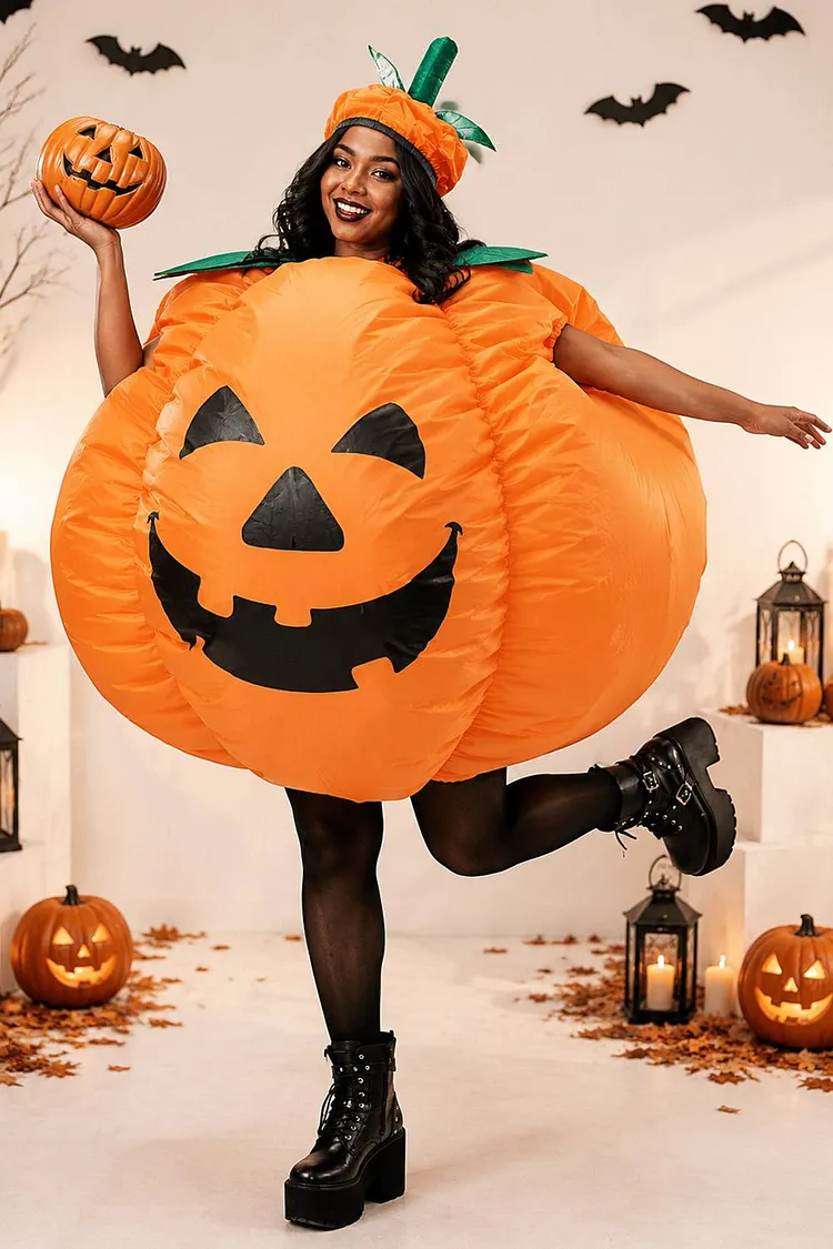 Xpluswear Design Plus Size Halloween Costume Orange Cosplay Inflatable Pumpkin Mini Dress(Ships in US) 2024 - Xpluswear