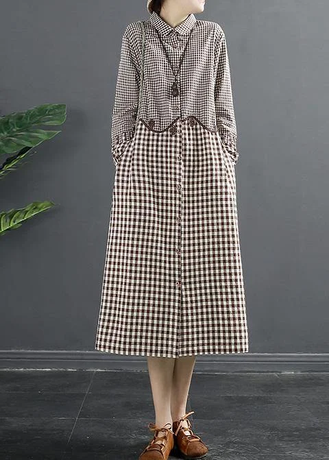 Natural Lapel Patchwork Wardrobes Work Outfits Brown Plaid Maxi Dresses