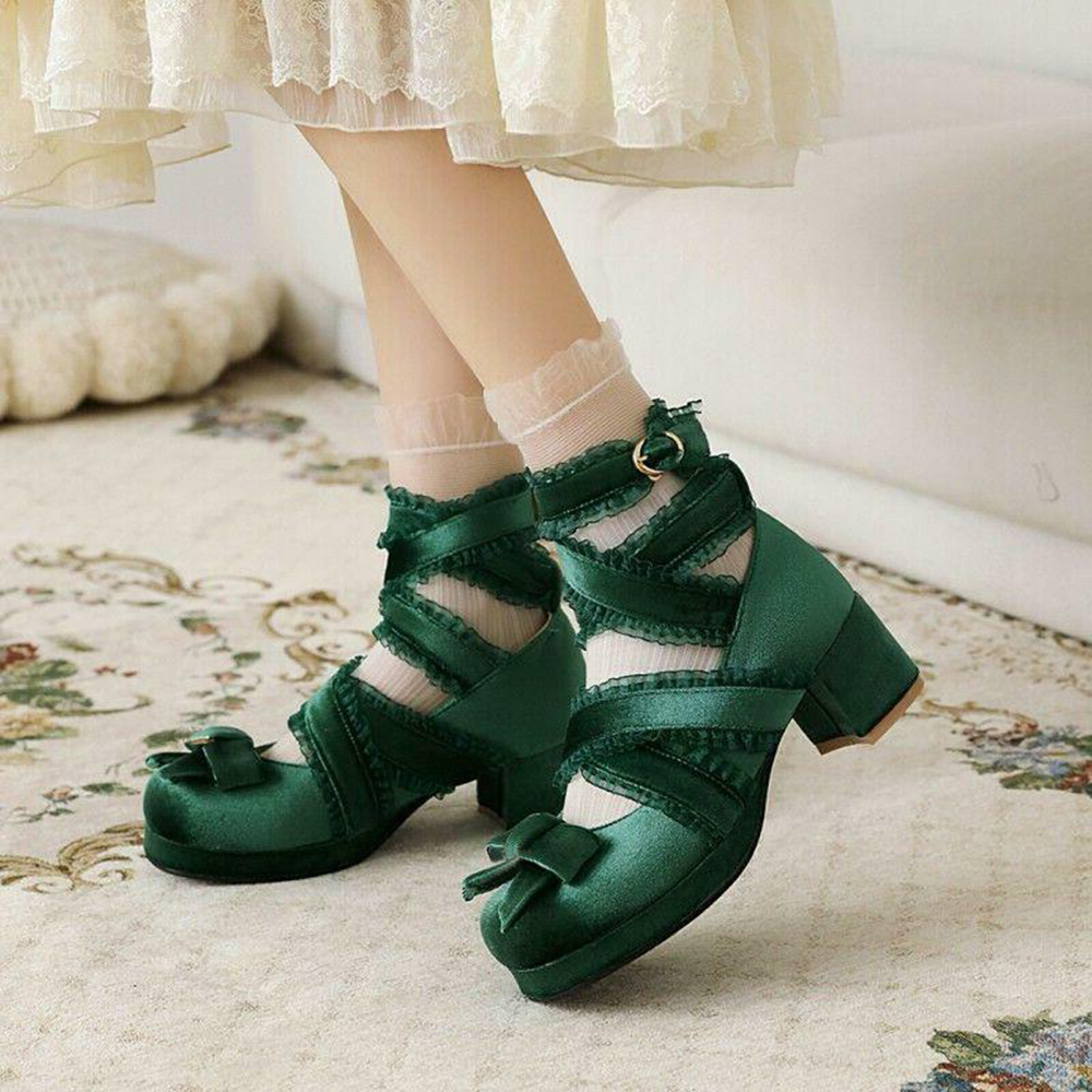 Green Velvet Round Toe Ruffle Strap Lolita Block Heel Pumps with Bow Nicepairs