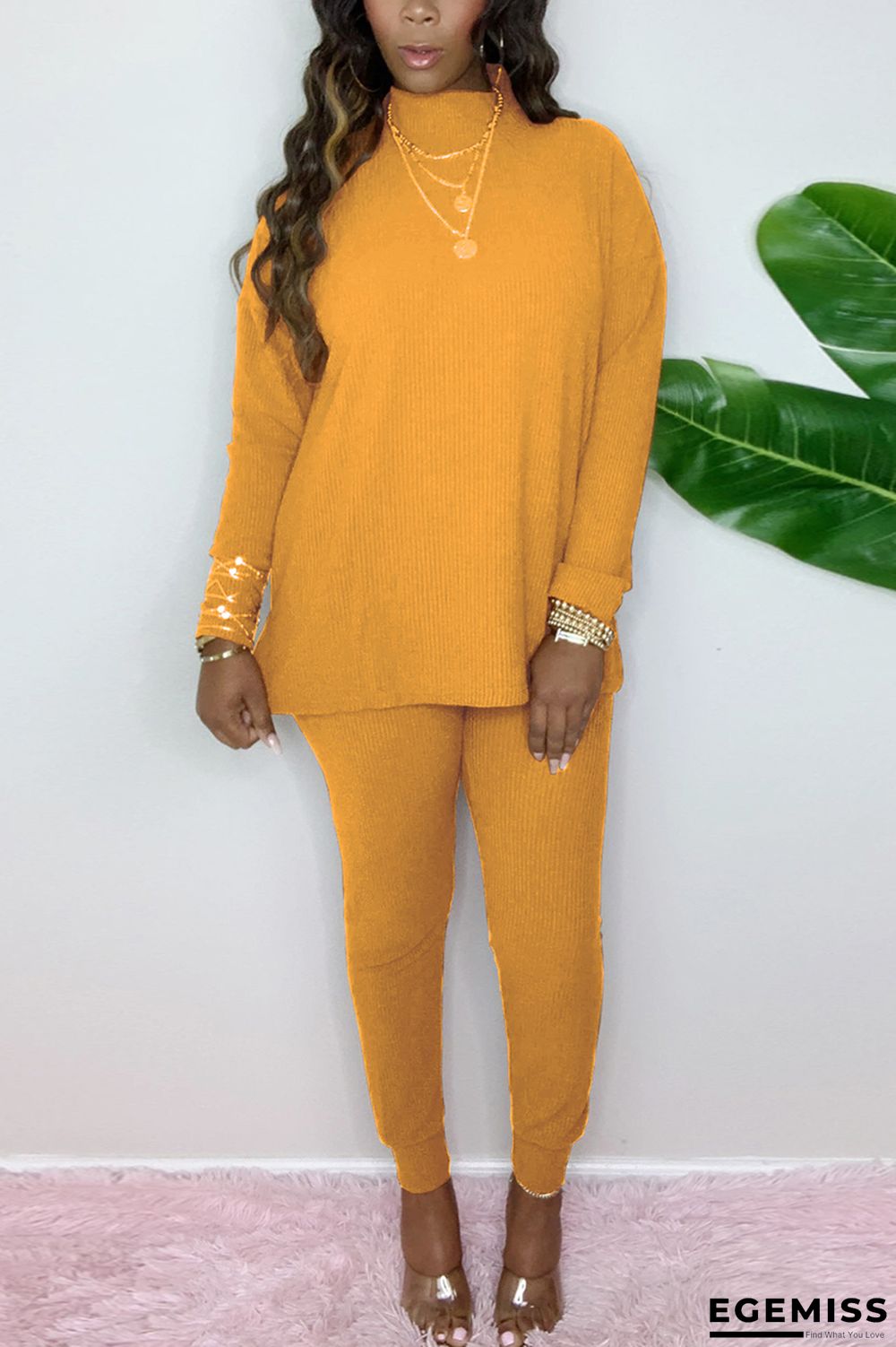 Yellow Fashion Casual Adult Solid Patchwork O Neck Long Sleeve Regular Sleeve Regular Two Pieces | EGEMISS