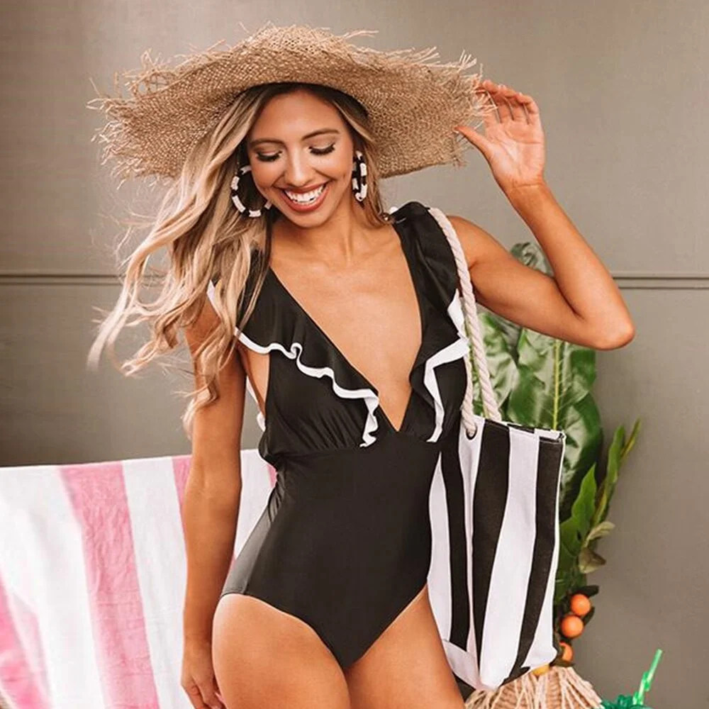 2021 New Sexy Ruffle Black White One Piece Swimsuit Off The Shoulder Swimwear Women Solid Deep-V Beachwear Bathing Suit Monkini