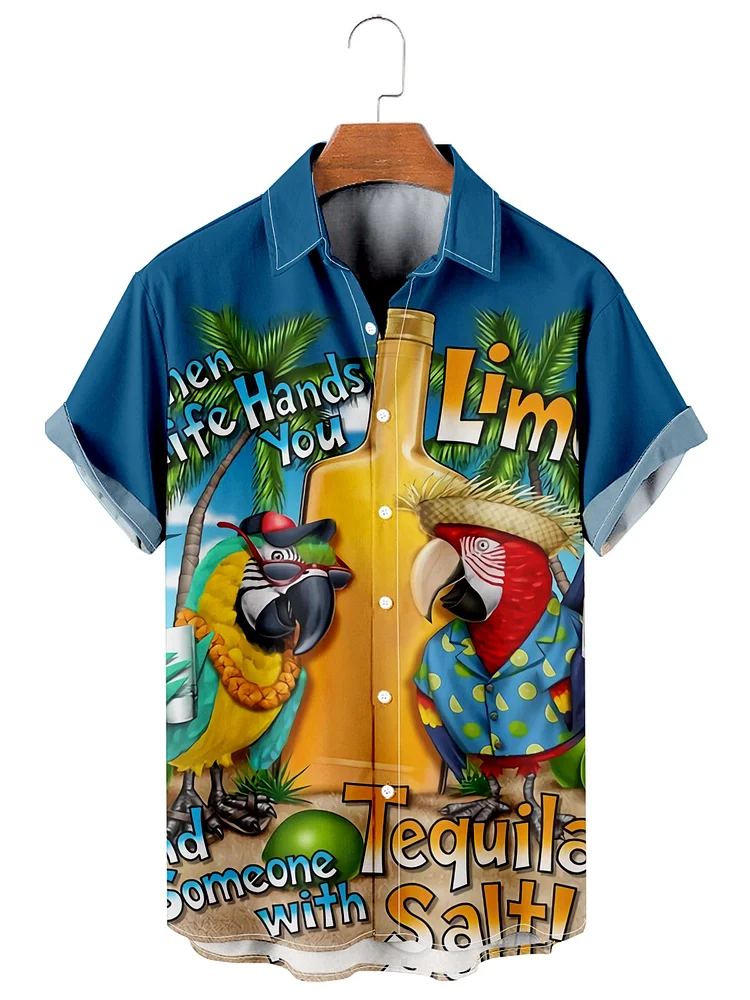 Hawaiian Parrot casual loose men's tiki plus size short-sleeved Shirt