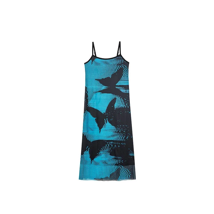 Y2k Sexy Butterfly Afterimage Printed Mesh Patchwork Slip Dress 