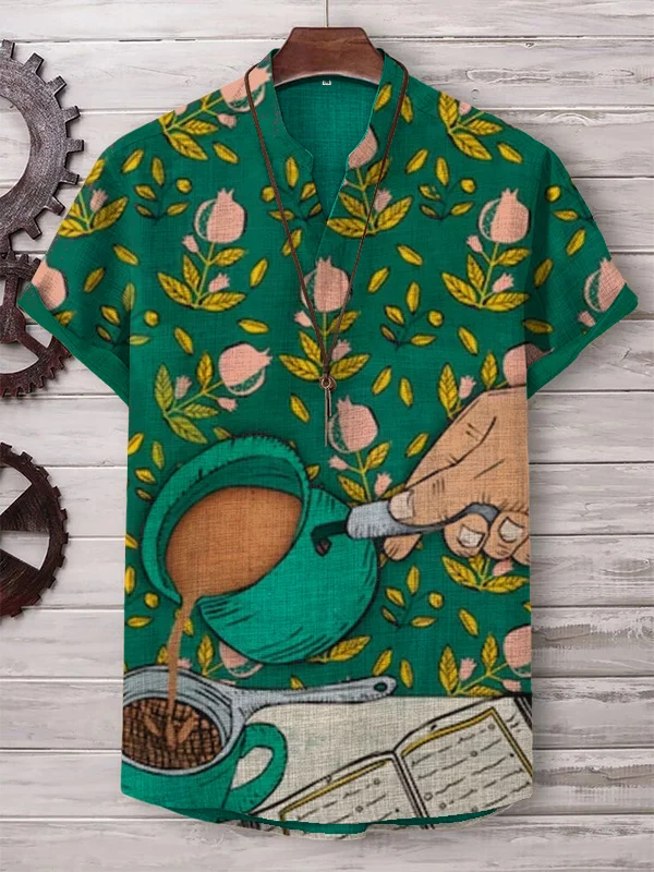 Men's Hand Brewed Coffee Flowers Art Print V Neck T-Shirt