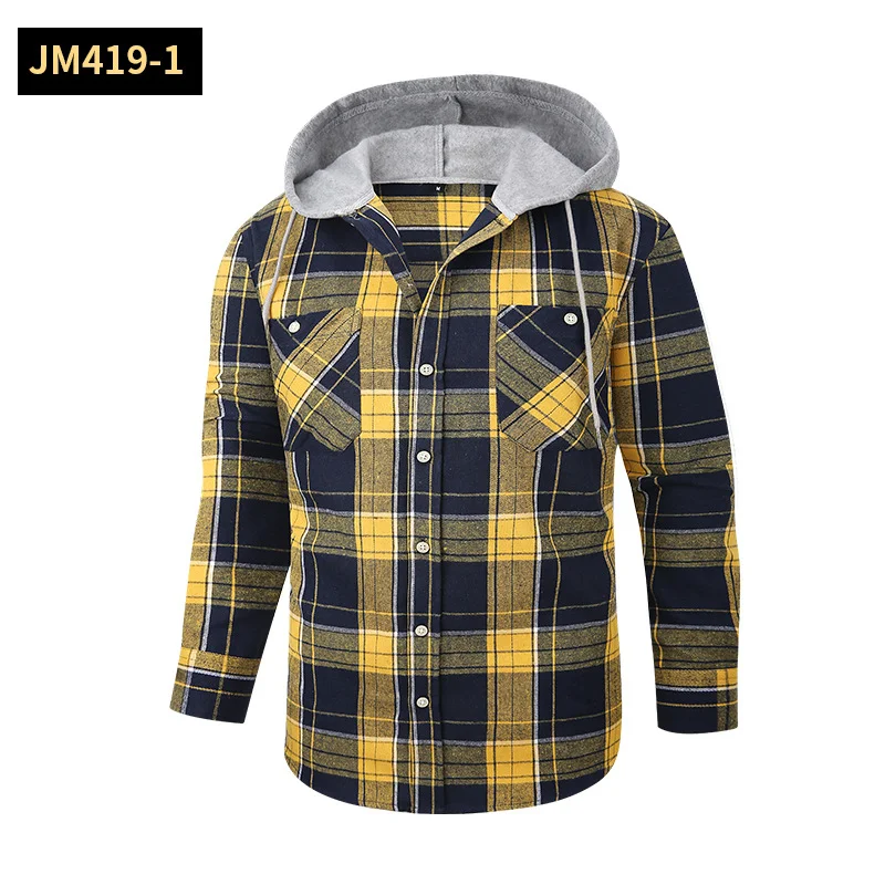 Men's Cotton Plaid Shirt Loose Casual Flannel Long Sleeve Hooded Plaid Shirt School Student Plaid Shirt with Hoode
