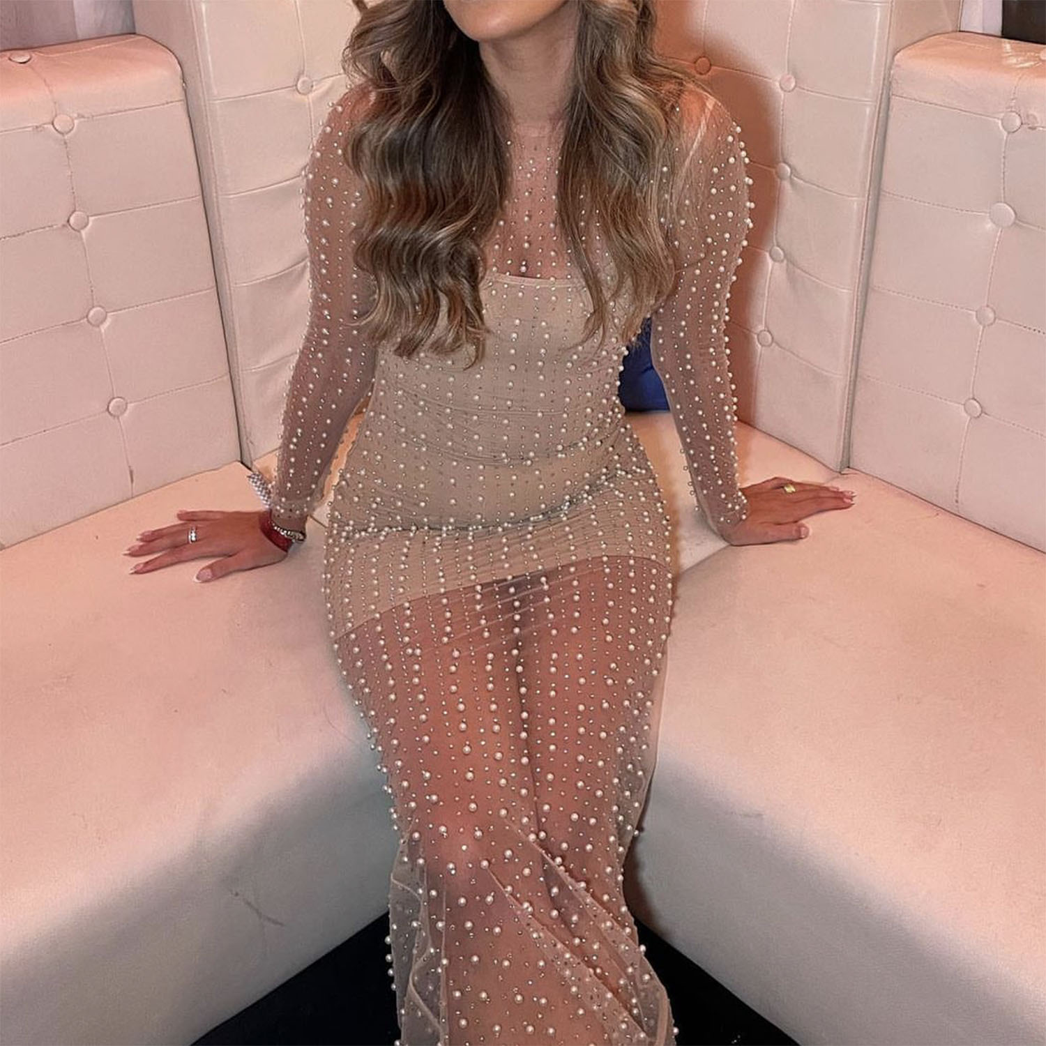 Ootddress Pearls See-Through Long Sleeve Cover-Ups Holiday Beach Diamond Decoration Women Beach dress Elegant Split Solid Cover-Ups