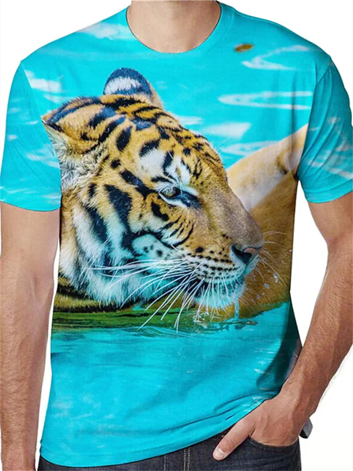 Men's T Shirt Patterned Tiger Animal Crew Neck Short Sleeve Green White Blue Causal Daily Tops Basic Graphic Tees-Cosfine