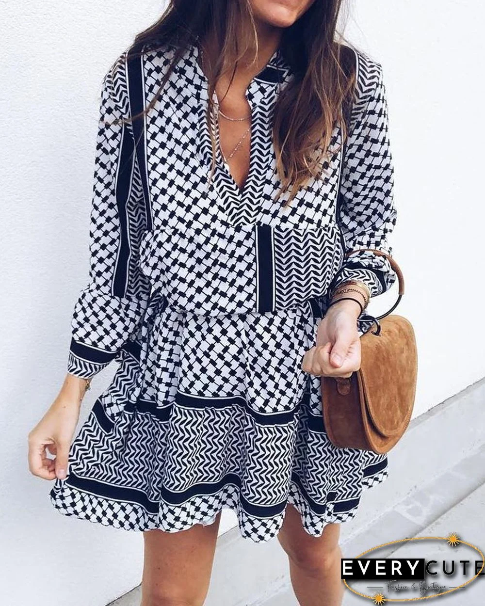 Ethnic Print Long Sleeve Elastic Waist Casual Dress P11436
