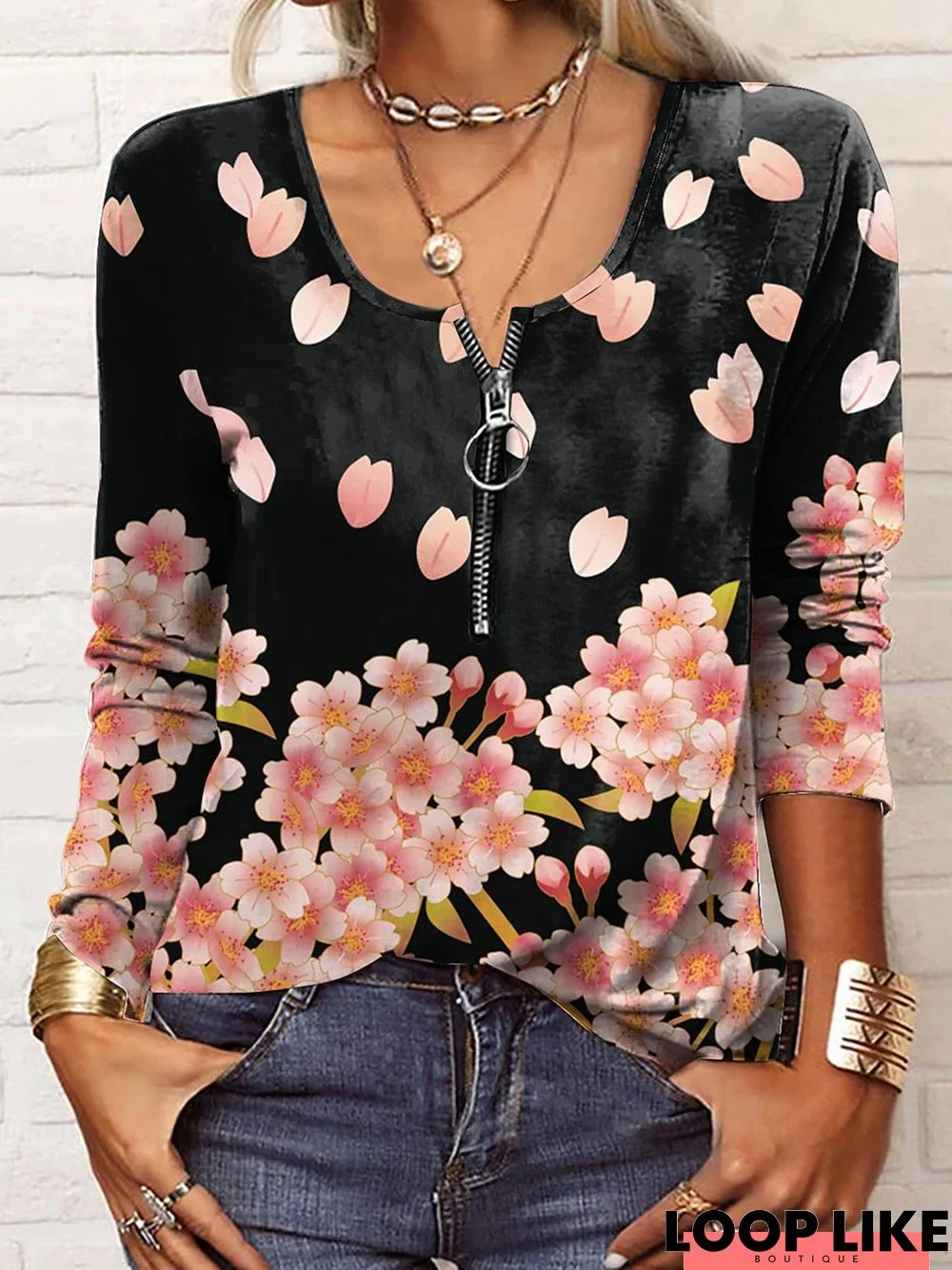 Crew Neck Jersey Casual Floral T-Shirt