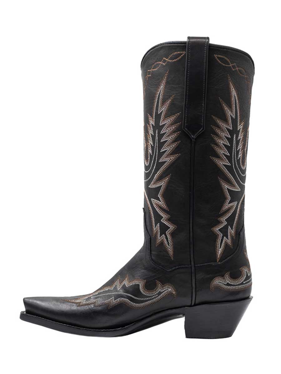 Black Snip Toe Chunky Heel Embroidered Mid-Calf Cowgirl Boots