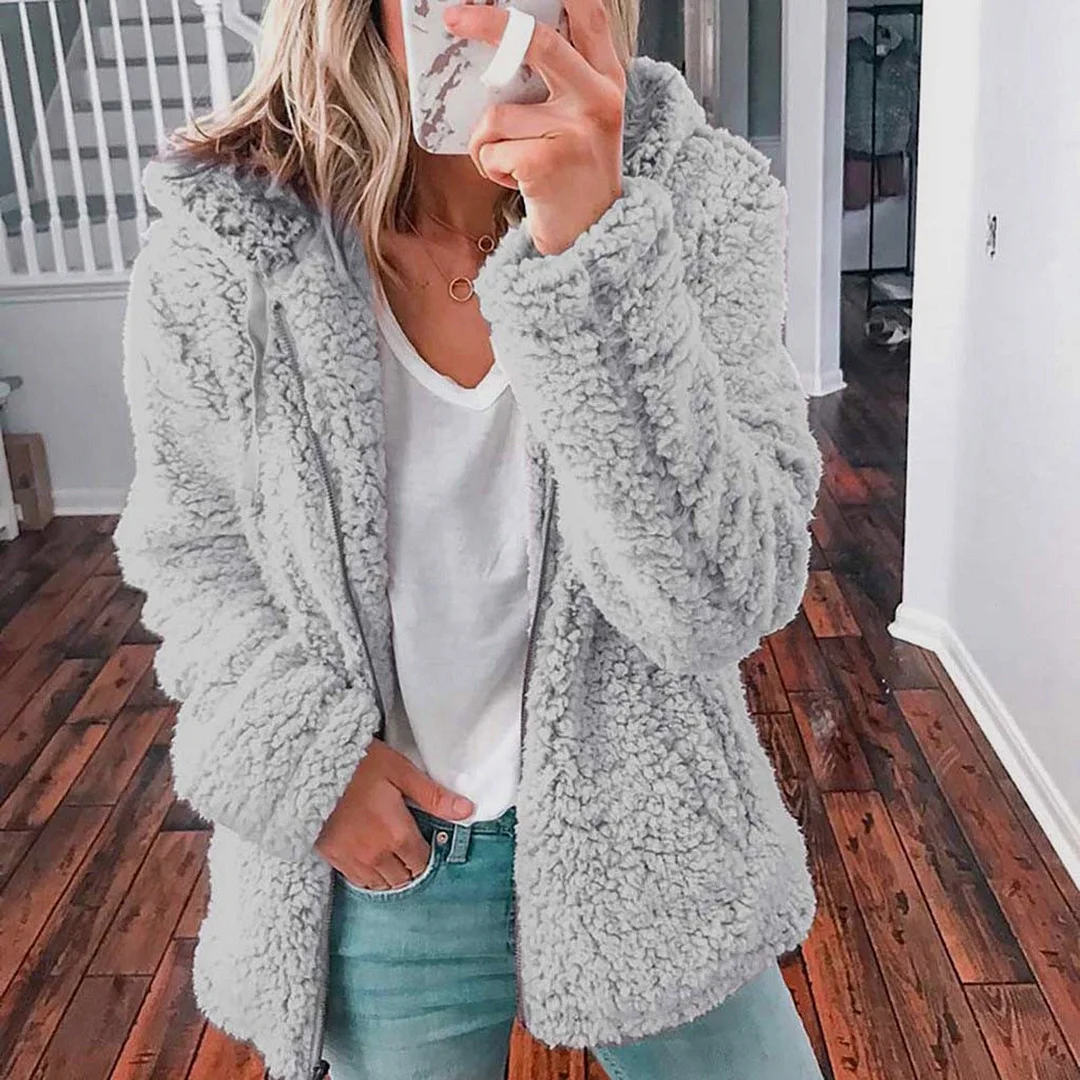 Fashion Women Winter Solid Colors Long Sleeve Hooded Zipper Fleece Warm Sweater Casual Jacket Wool Coat Outerwear Casaco#g3