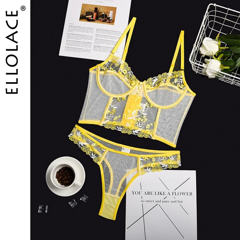 Ellolace Floral Embroidery Bodysuit Lace Sexy Hollow Out Bandage Bodies Sleeveless Bodycon Underwire Transparent Yellow Tops