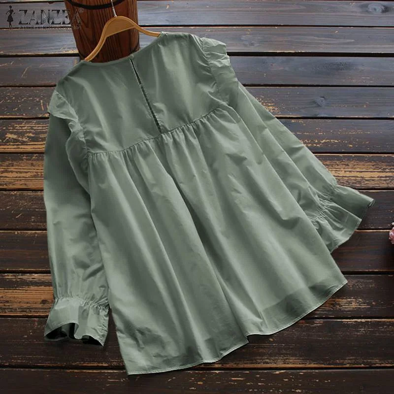 ZANZEA Casual Blouse Women Vintage Long Sleeve Ruffles Tops Spring Pleated Shirt Female Loose Solid Blusa Tunic Chemise Oversize