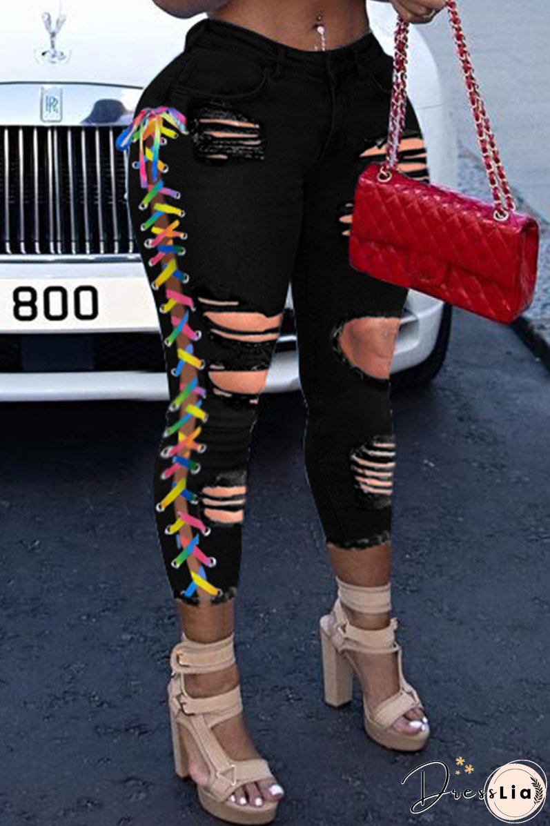 Casual Patchwork Draw String Mid Waist Skinny Denim Jeans