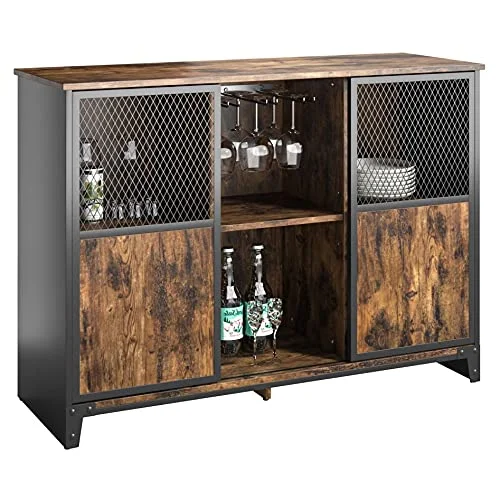 Bestier Industrial Bar Cabinet for Liquor and Glasses with Sliding Metal Mesh Door Kitchen Accent Sideboard Buffet Wine Rack with Adjustable Shelf Home Bar Furniture Rustic Brown