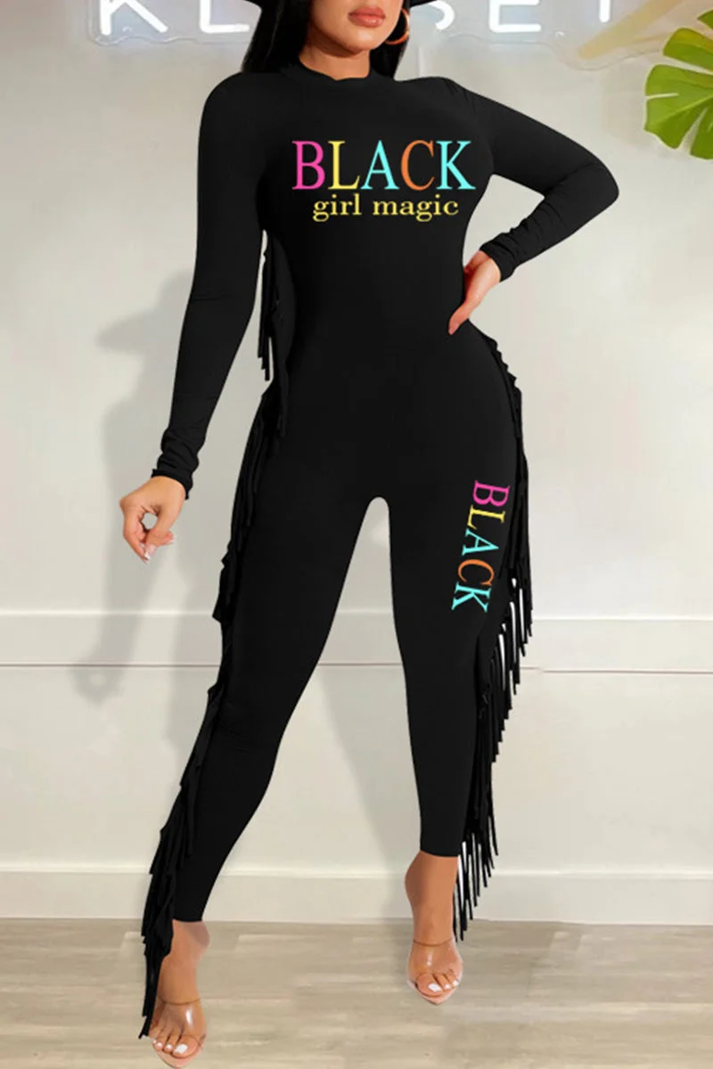 Fashion Casual Letter Print Tassel Split Joint O Neck Skinny Jumpsuits
