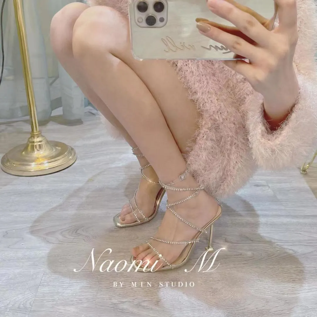 Breakj Breakj Summer New Square Drill Sandals Fine Heel High-Heeled High-Heeled Shoes Crystal Sexy With Roman Shoes