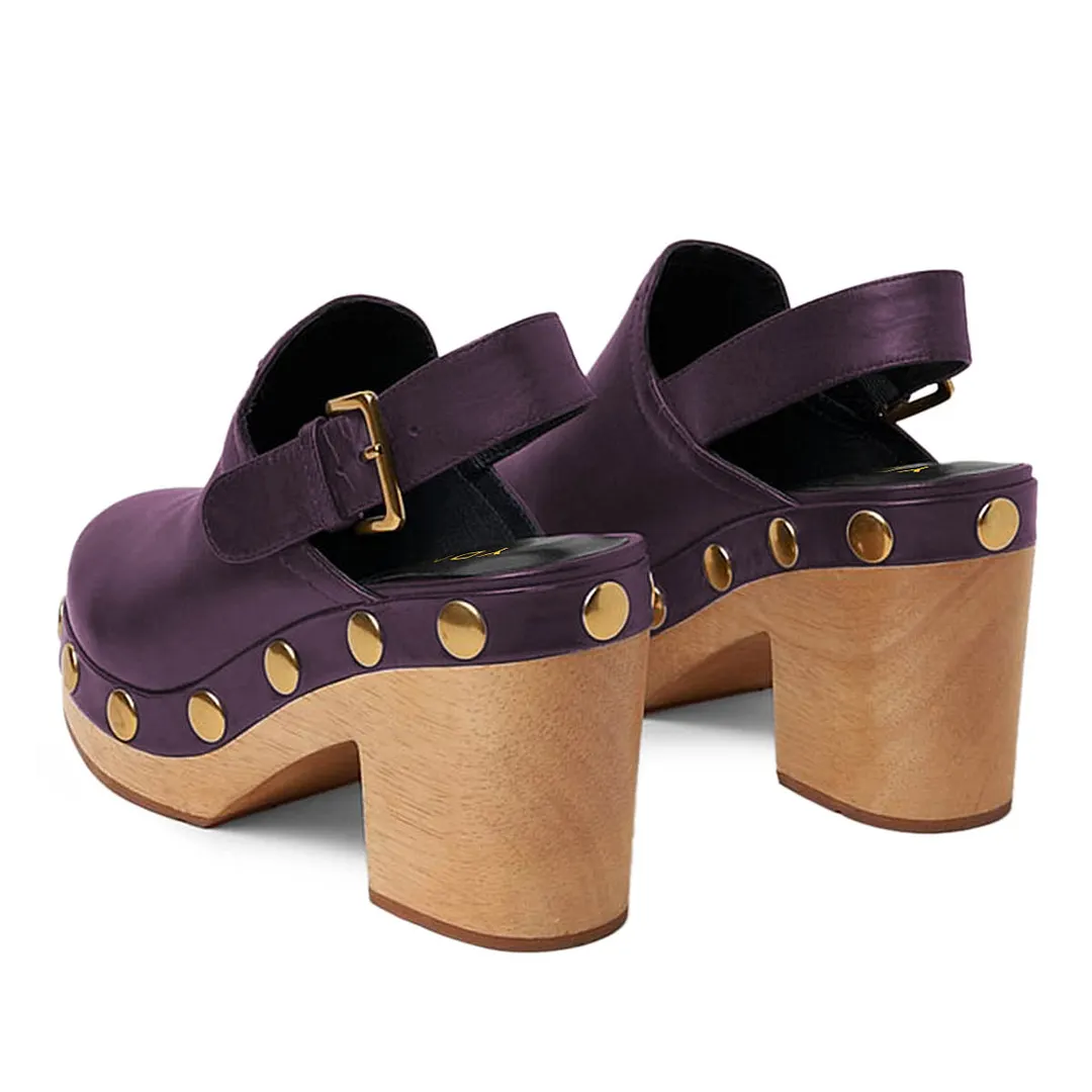 Purple Round Toe Chunky Heel Studded Slingback Platform Heels