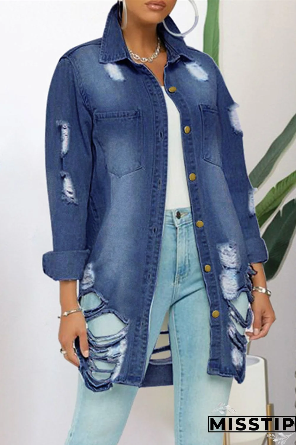 Dark Blue Fashion Casual Solid Ripped Turndown Collar Plus Size Overcoat