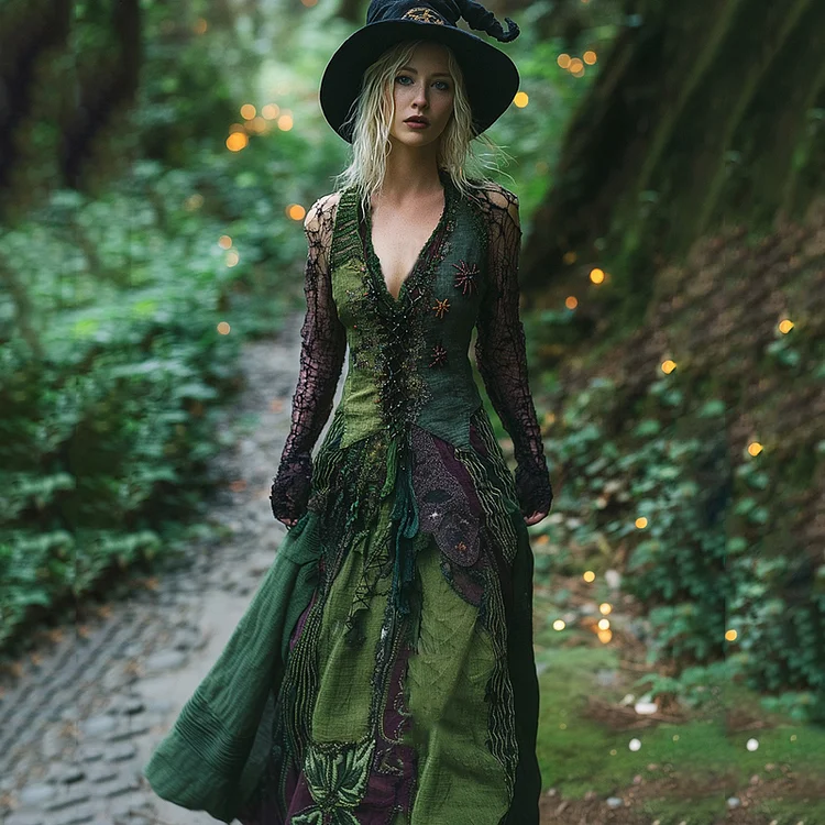 Halloween Themed Patchwork Embroidered Witch Tank Maxi Dress