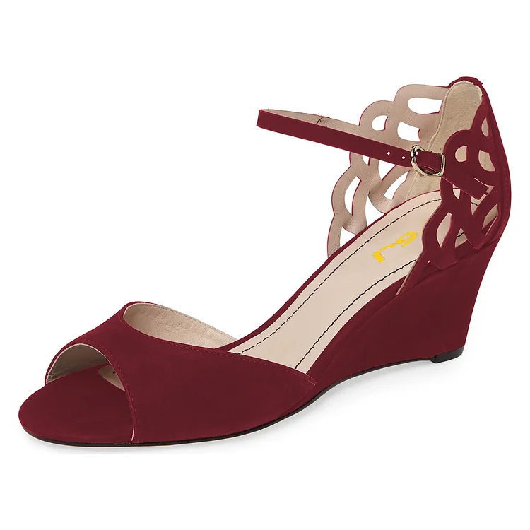 FSJ Burgundy Wedge Sandals Peep Toe Laser Cut Heels |FSJ Shoes
