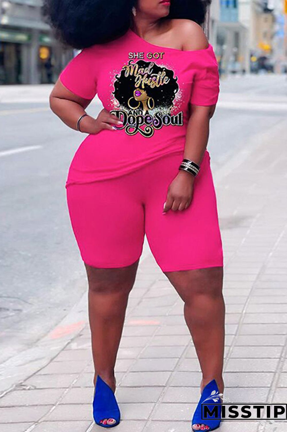 Orange Casual Print Basic Oblique Collar Plus Size Two Pieces