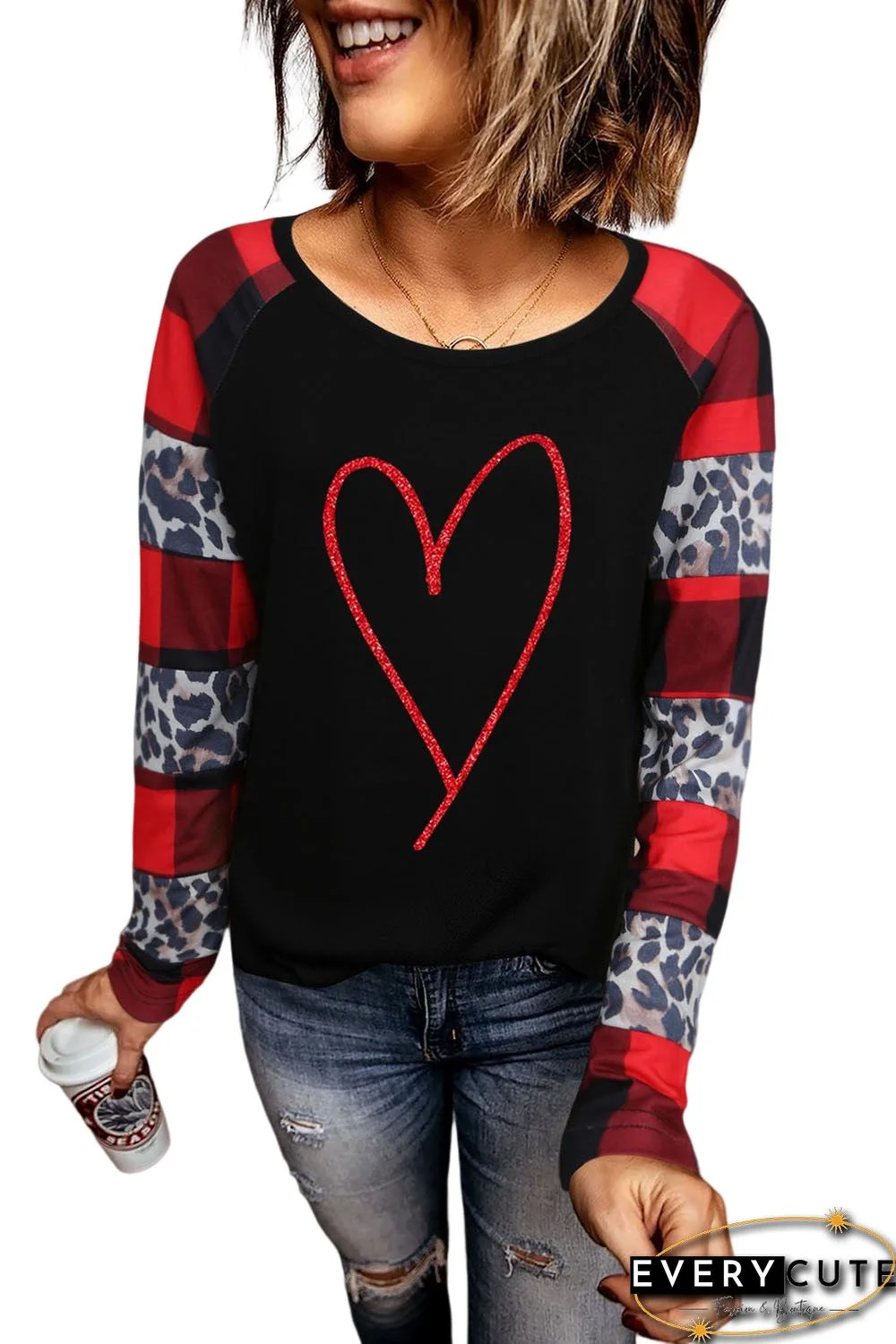 Black Heart Shaped Leopard Plaid Splicing Long Sleeve Top