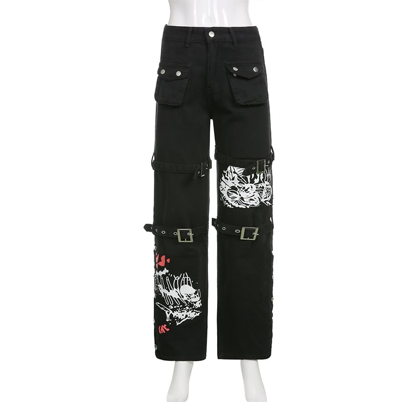Fongt Eyelet Buckle Black Punk Goth Jean Fashion Woman Techwear Dark Academic Print E Girl Cargo Pants Low Waist Denim Trousers