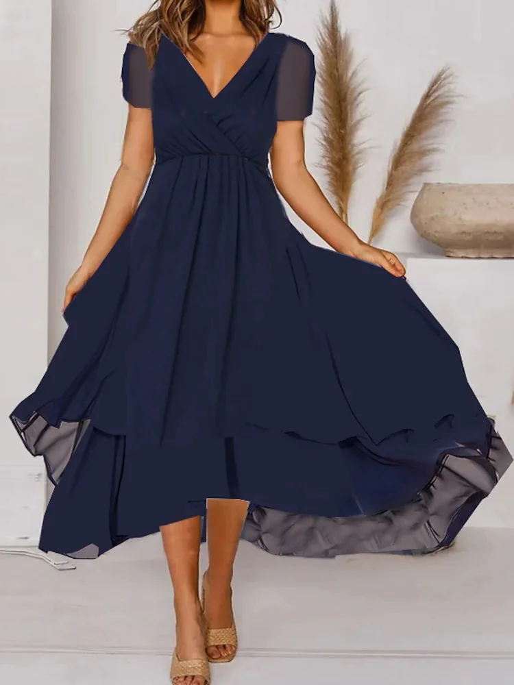 Blue Short Sleeve Pure Color Ruched Chiffon Spring Summer V Neck Casual dress