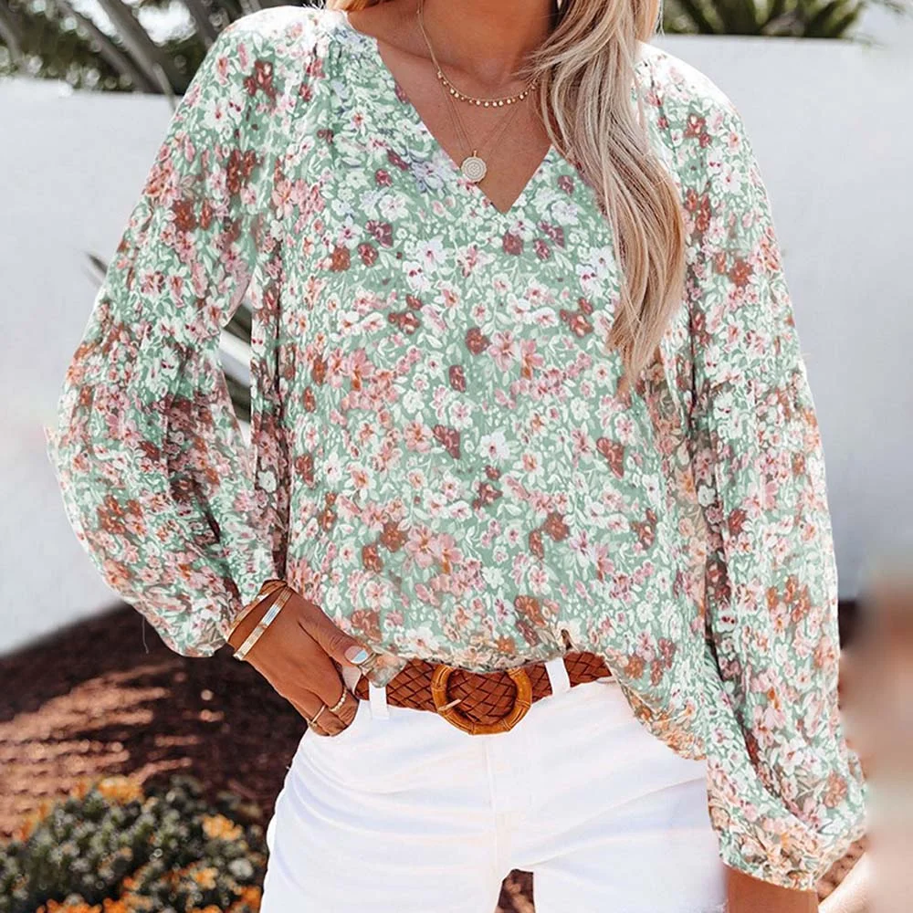 Smiledeer Autumn and winter new chiffon V-neck floral top
