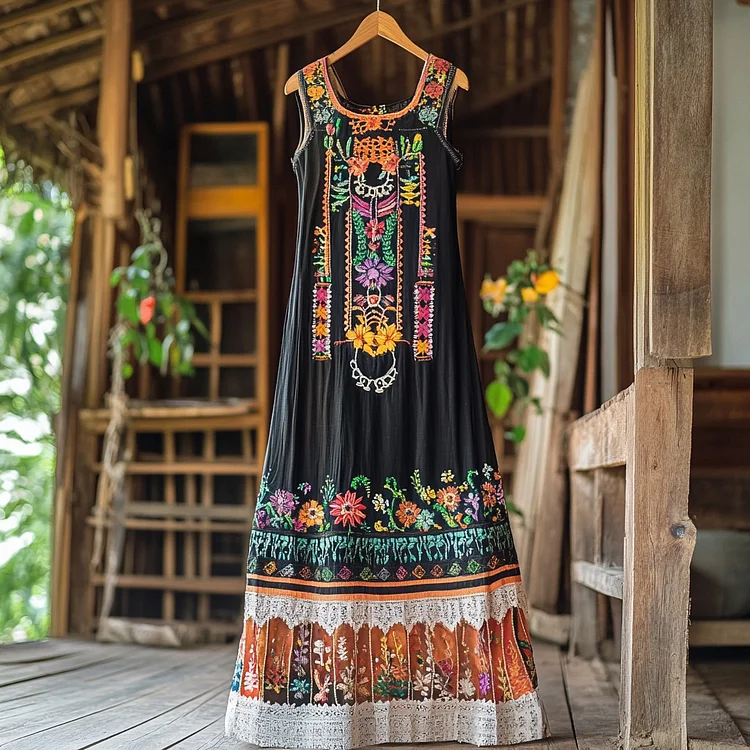 Utbros Women's Vintage Ethnic Floral Embroidery Art Patchwork Dress
