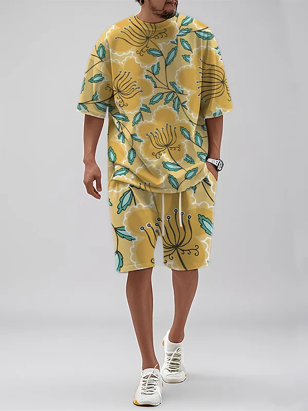 Men's Vacation Style Abstract Floral Art Print T-Shirt Shorts Set