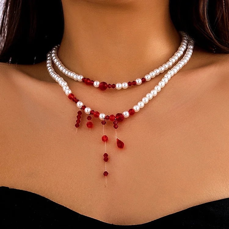 Halloween Red Crystal Beads Double Layer Short Necklace Trendy Gothic Imitation Pearl Choker Cosplay Party Jewelry Gift