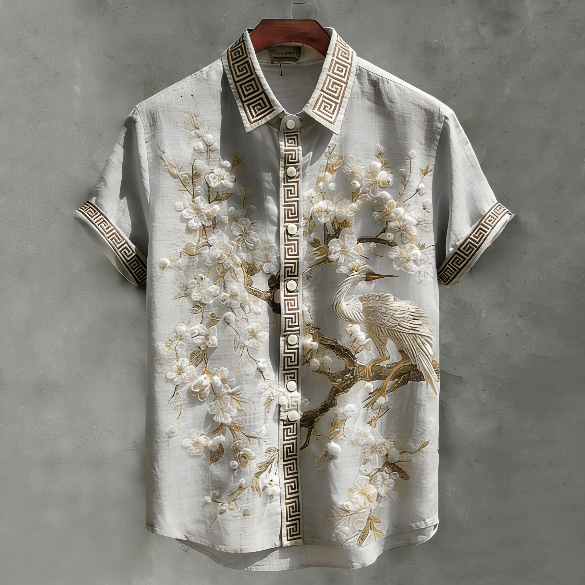 Japanese Cherry Blossom & Crane Art Linen Blend Shirt elevenforest