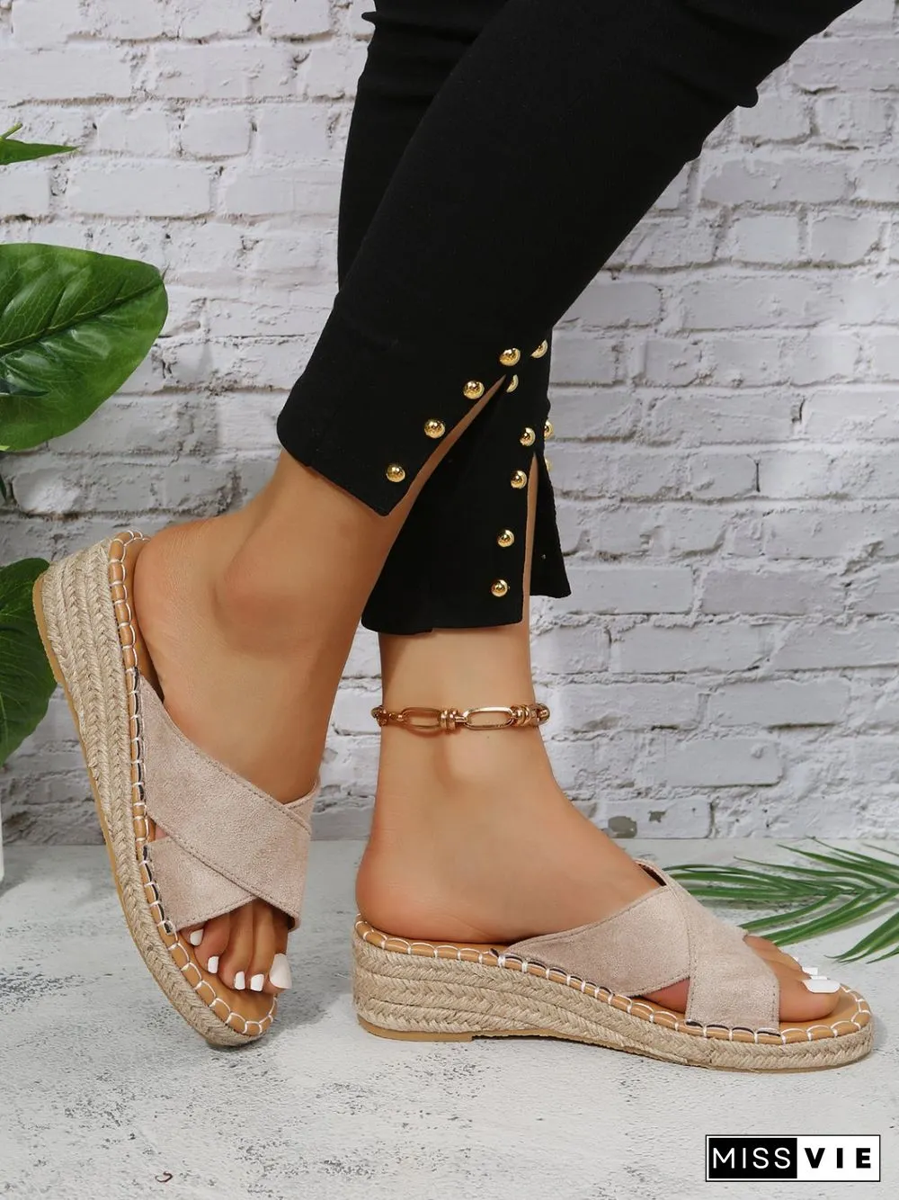 Faux Suede Cross Strap Straw Wedge Slides