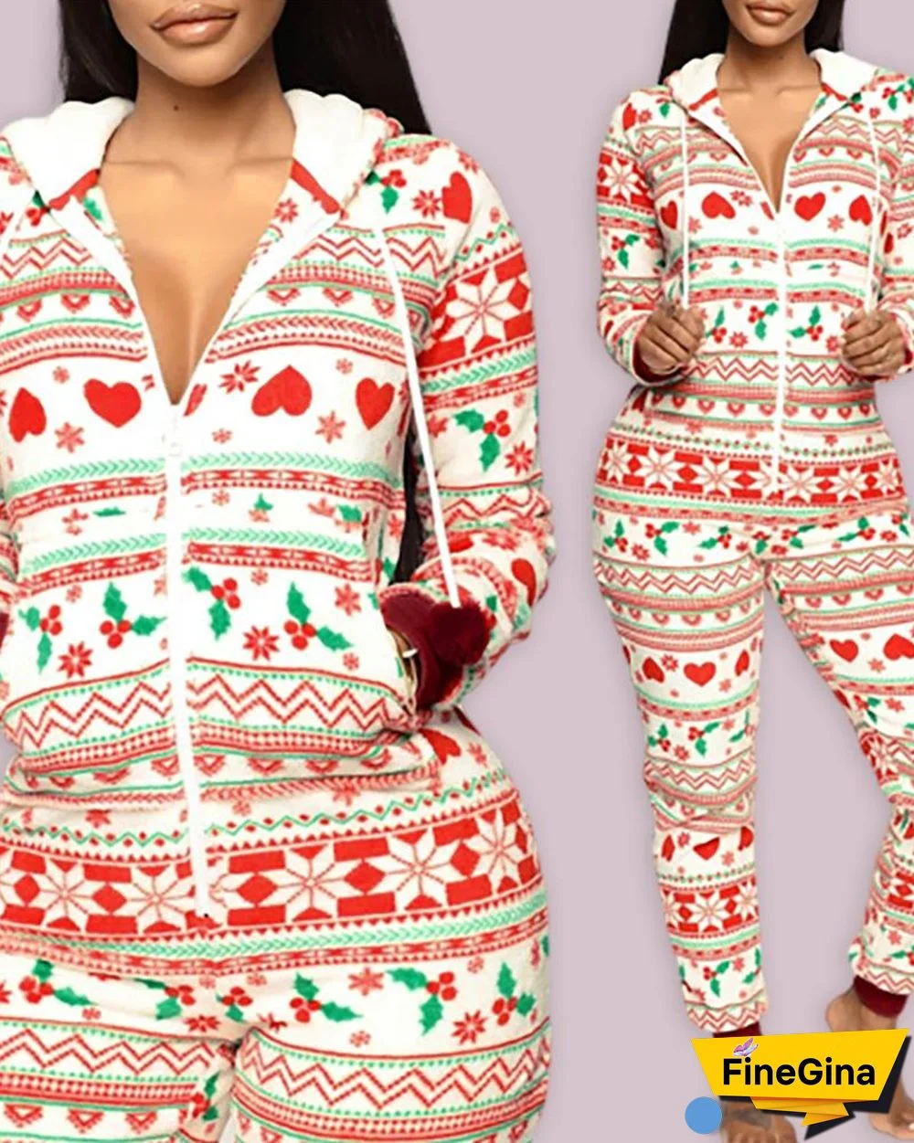 Christmas Print Long Sleeve Zipper Design Jumpsuit