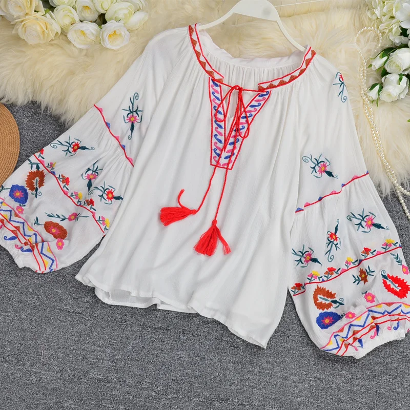 Ueong Round Collar Head Cotton Linen Embroidered Shirt, Lace Embroidered Bow Long Sleeve Top Women