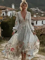 Women's Vintage Bohemian Floral Embroidered Casual Long Sleeve Dress